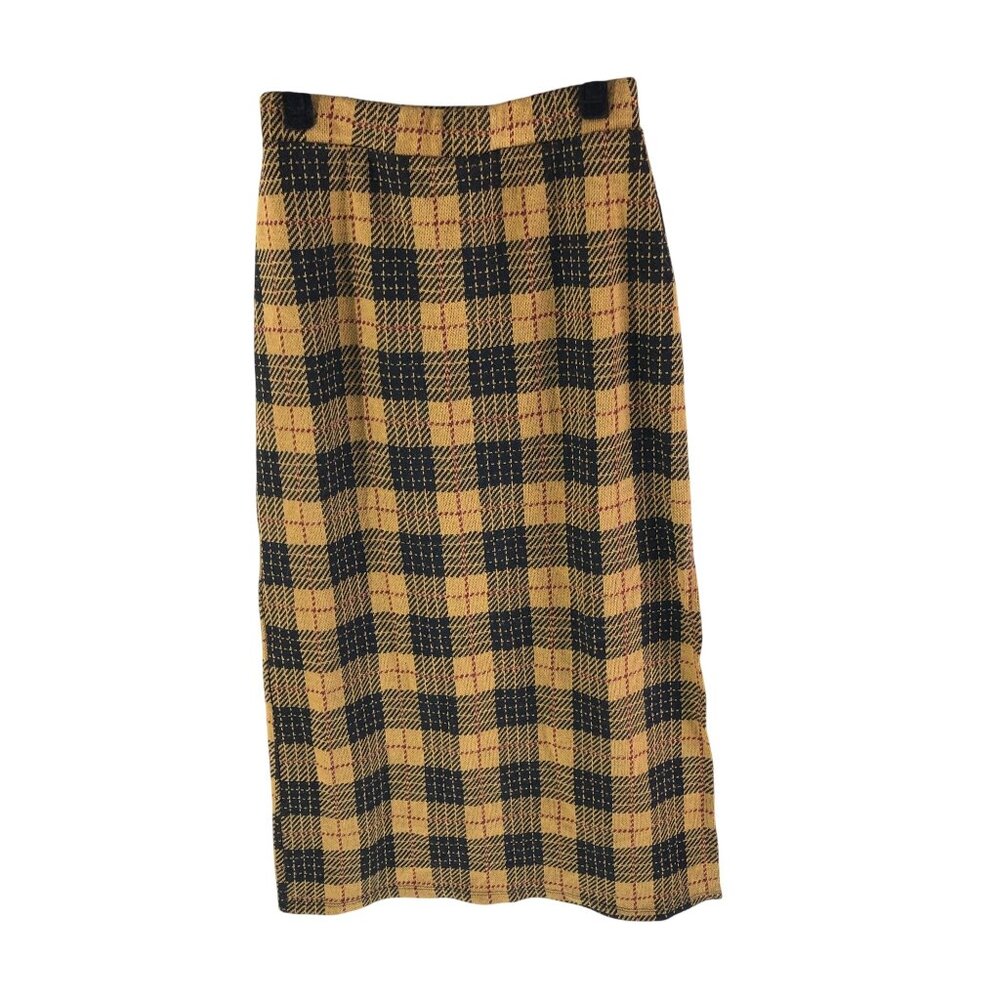 Mango MNG Womens Yellow & Black Plaid Pencil Skirt With Side Slit Pull On S